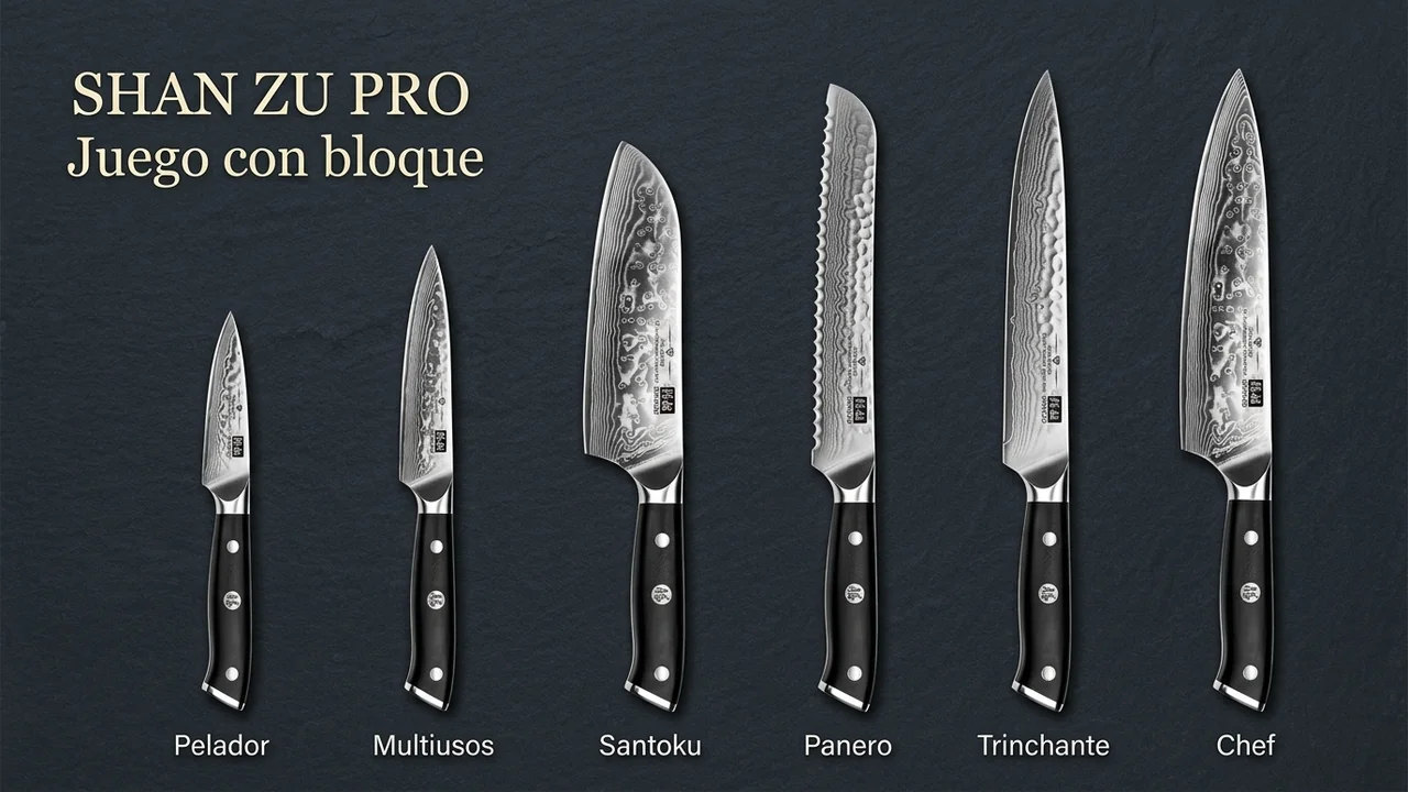Las seis piezas del juego SHAN ZU PRO en fila: pelador, multiusos, santoku, panero, trinchante y chef, con hoja de damasco