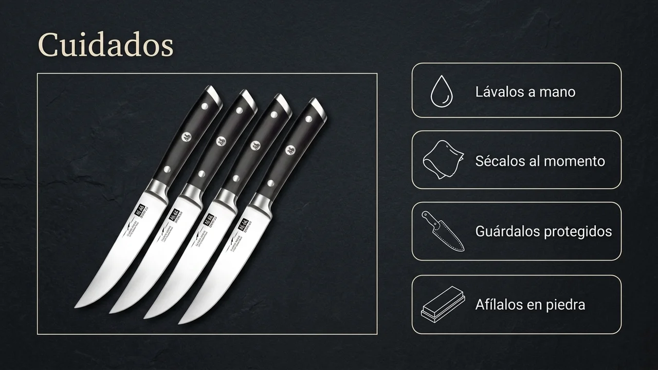 Cuidados del juego de mesa SHAN ZU Classic: lavar a mano, secar al momento, guardar protegidos y afilar en piedra