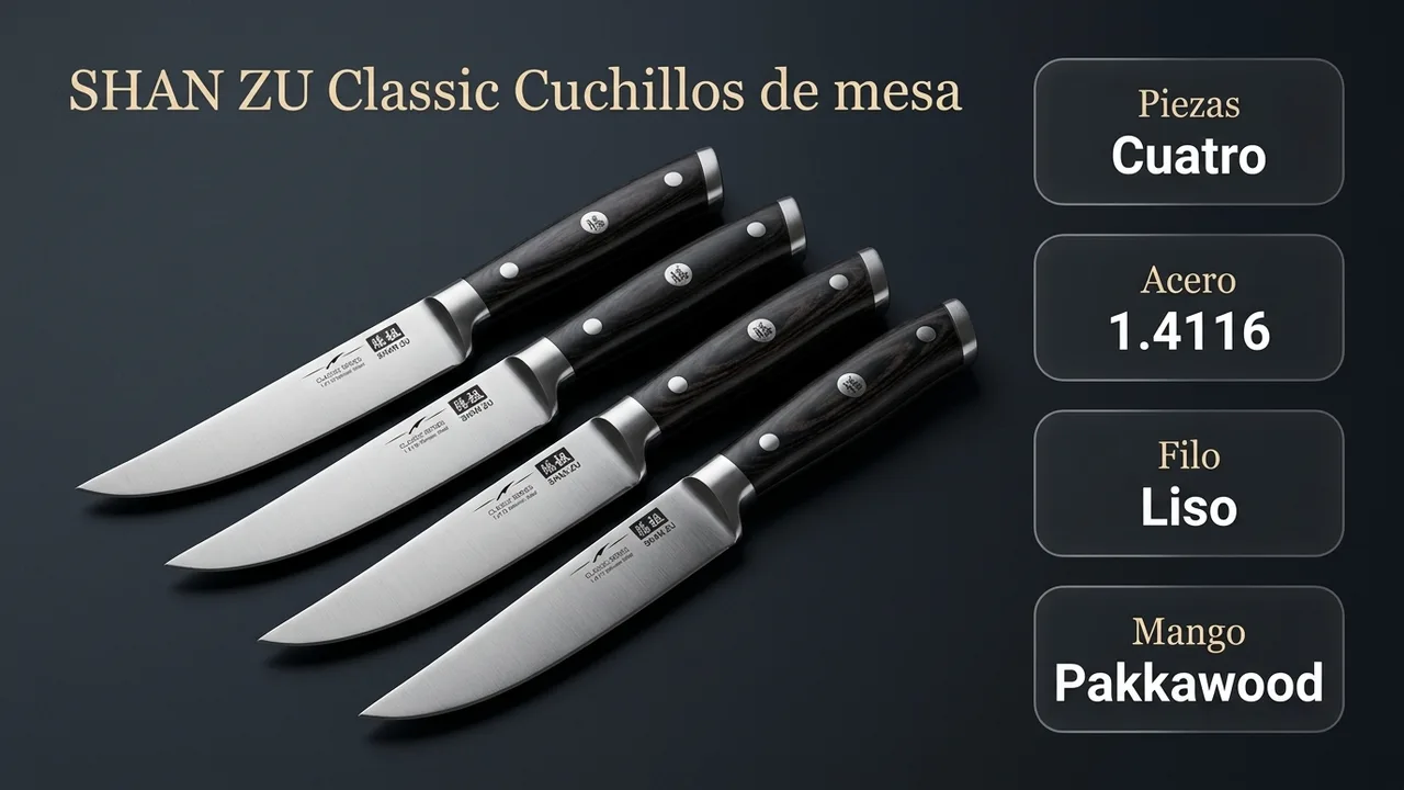 Datos del juego de mesa SHAN ZU Classic: cuatro piezas de acero 1.4116 con filo liso y mango de pakkawood