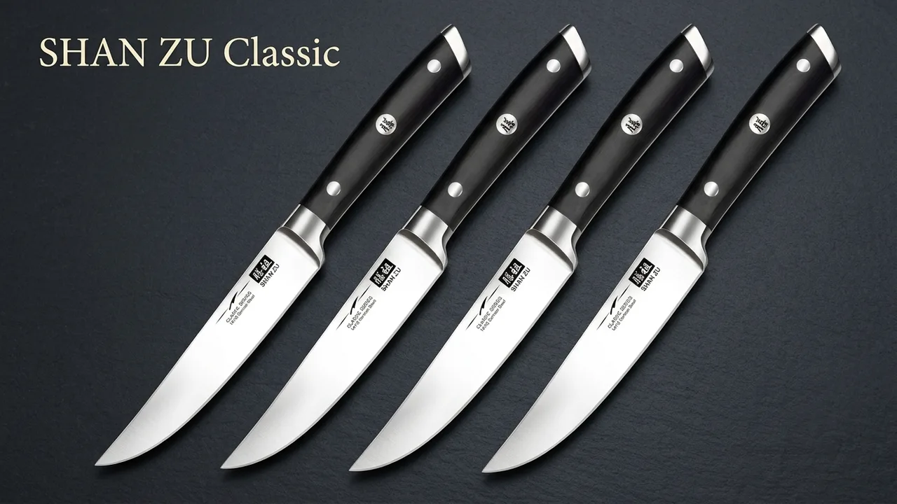 Los cuatro cuchillos de mesa del juego SHAN ZU Classic con mango de pakkawood negro