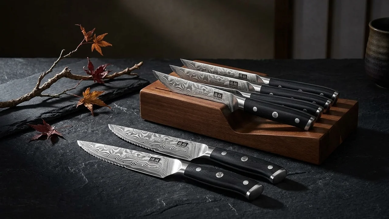 SHAN ZU Juego 7 Cuchillos de Mesa Damasco PRO con Bloque, Serrados 11 cm, Mango G10