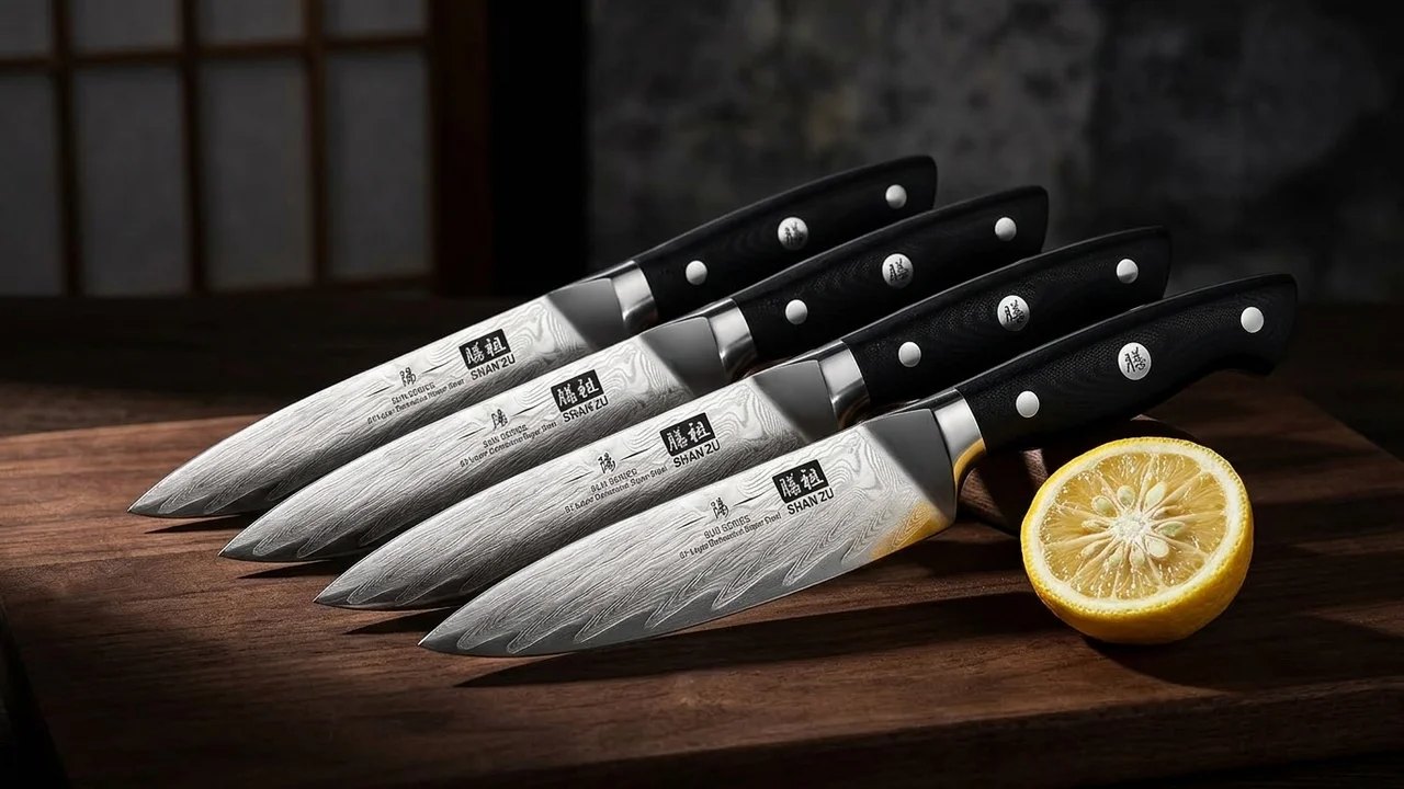 SHAN ZU Juego 4 Cuchillos de Carne de Mesa Damasco AUS-10 SUN, 67 Capas, Mango G10