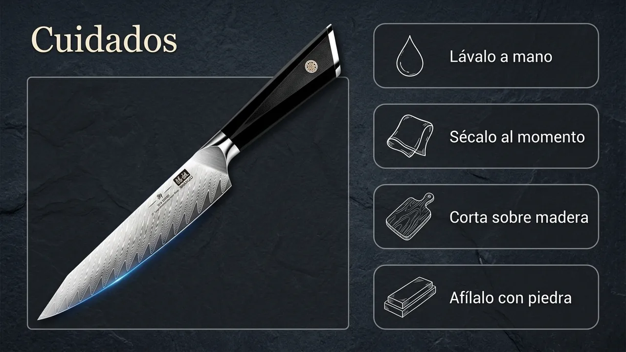 Cuidados del cuchillo universal SHAN ZU: lavado a mano, corte sobre madera y afilado con piedra