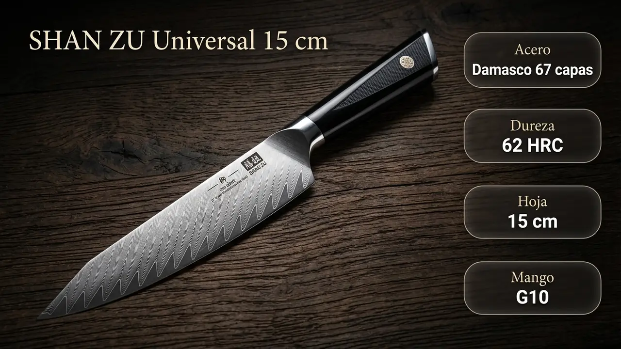 Ficha técnica del universal SHAN ZU Gyo: damasco de 67 capas, 62 HRC y mango de G10