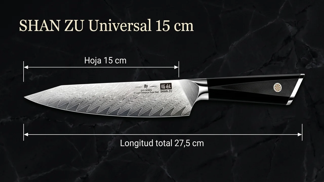 Medidas del cuchillo universal SHAN ZU serie Gyo: 15 cm de hoja y 27,5 cm de longitud total