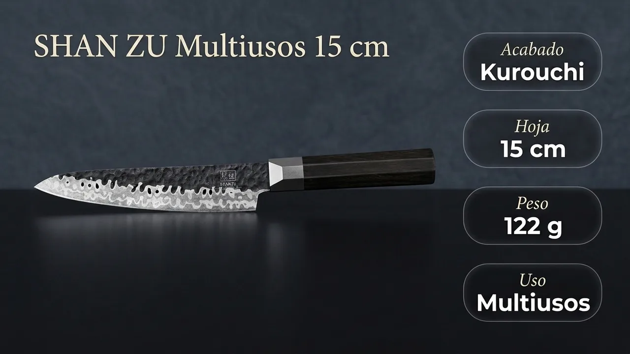 Datos del multiusos SHAN ZU: acabado kurouchi, hoja de 15 cm y 122 gramos de peso