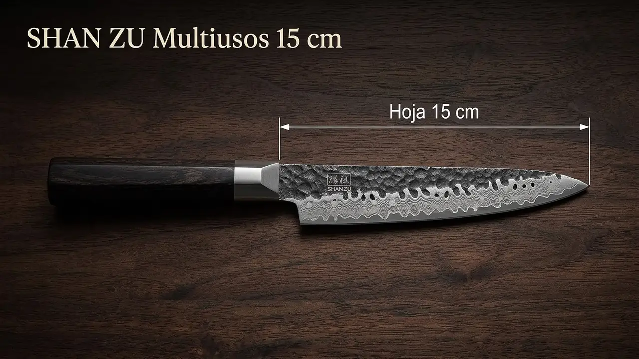 Cuchillo multiusos SHAN ZU acotado: hoja de 15 cm con acabado kurouchi martillado
