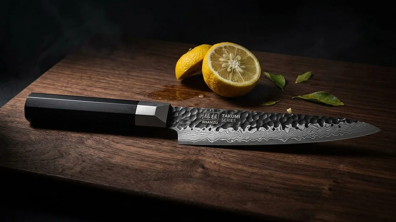 SHAN ZU Cuchillo Universal 15 cm Kurouchi, Acero 7 Capas 9Cr18MoV, Mango Octogonal G10
