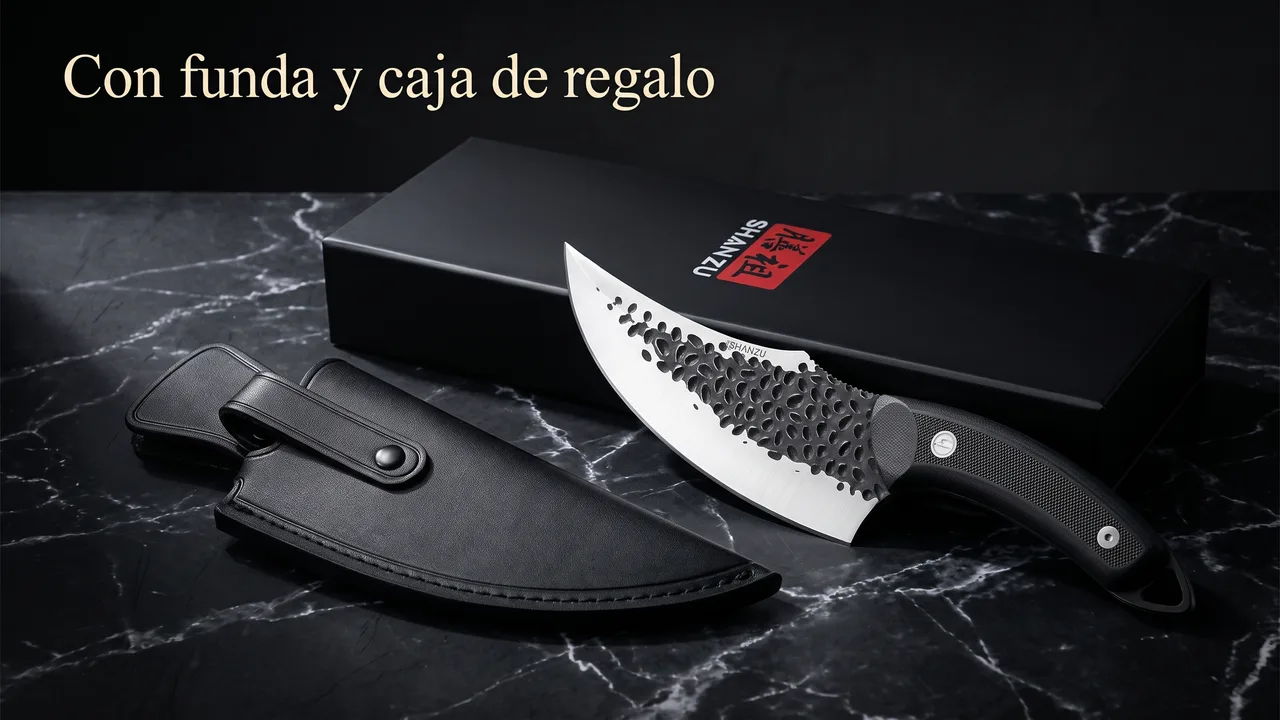 Cuchillo vikingo SHAN ZU con su funda de cuero y su caja de regalo negra