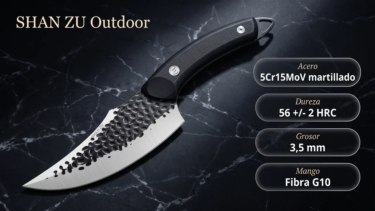 Ficha tecnica del SHAN ZU vikingo: acero 5Cr15MoV martillado, 56 mas menos 2 HRC, 3,5 mm de grosor y mango de fibra G10