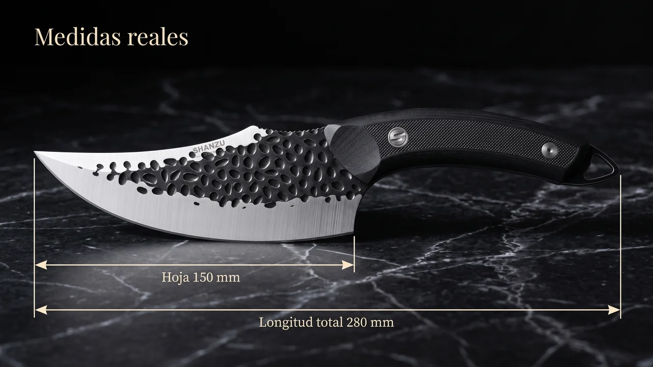Medidas del SHAN ZU vikingo: hoja de 150 mm y 280 mm de longitud total