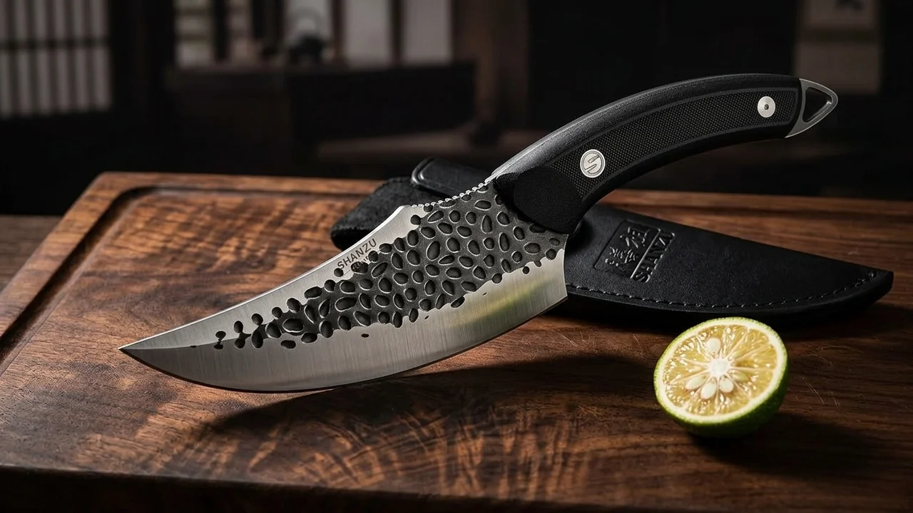 SHAN ZU Cuchillo Vikingo / Deshuesador 15 cm con Funda, Acero 5Cr15MoV Martillado, Mango G10