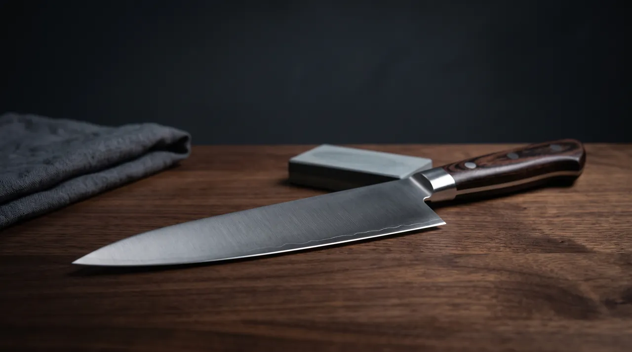 Cuchillo de gama de entrada sobre encimera de nogal, con piedra de afilar al fondo