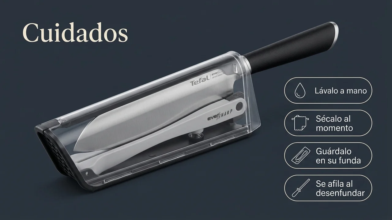 Cuidados del santoku Tefal Ever Sharp: lavar a mano, secar al momento, guardar en su funda que lo afila al desenfundar