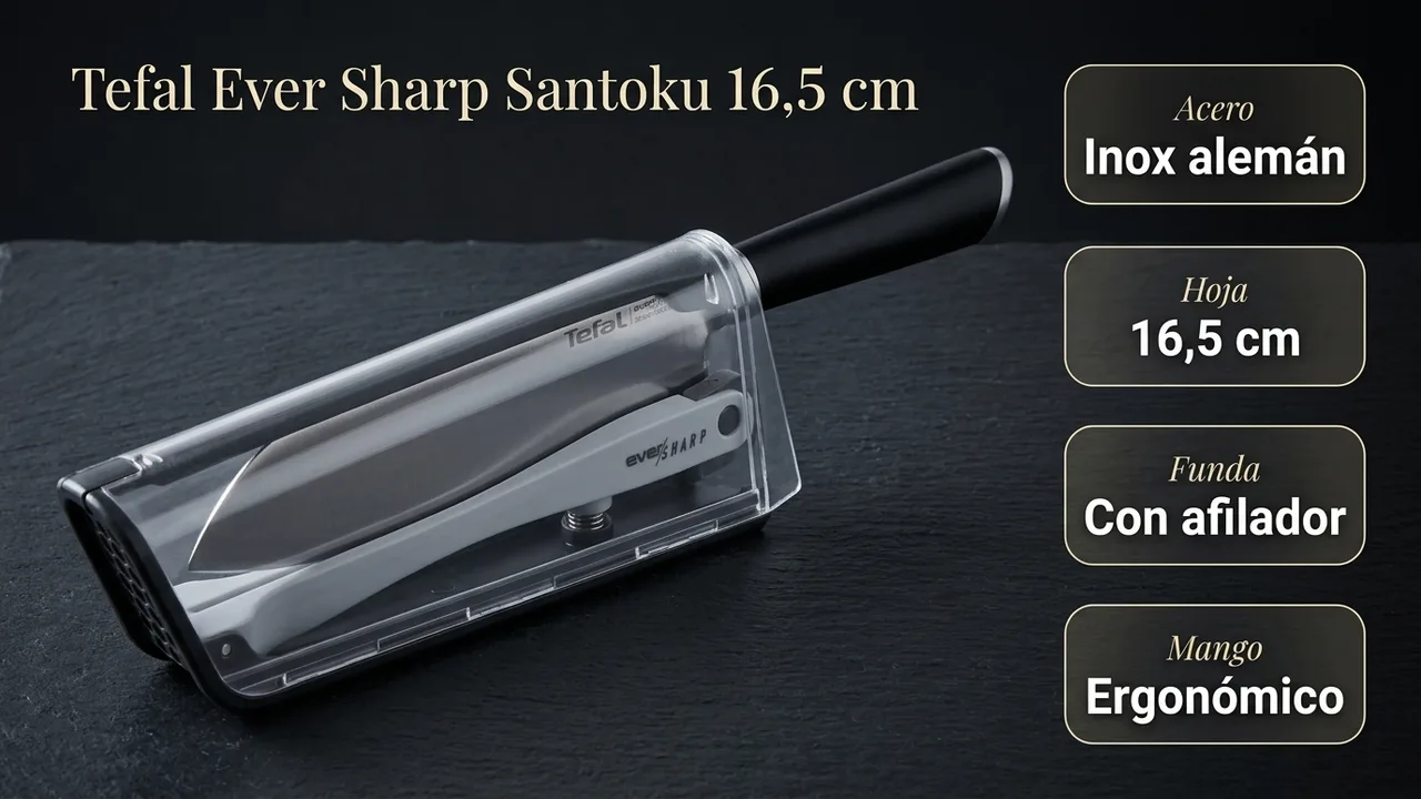 Datos del santoku Tefal Ever Sharp: acero inoxidable alemán, hoja de 16,5 cm y funda con afilador incorporado