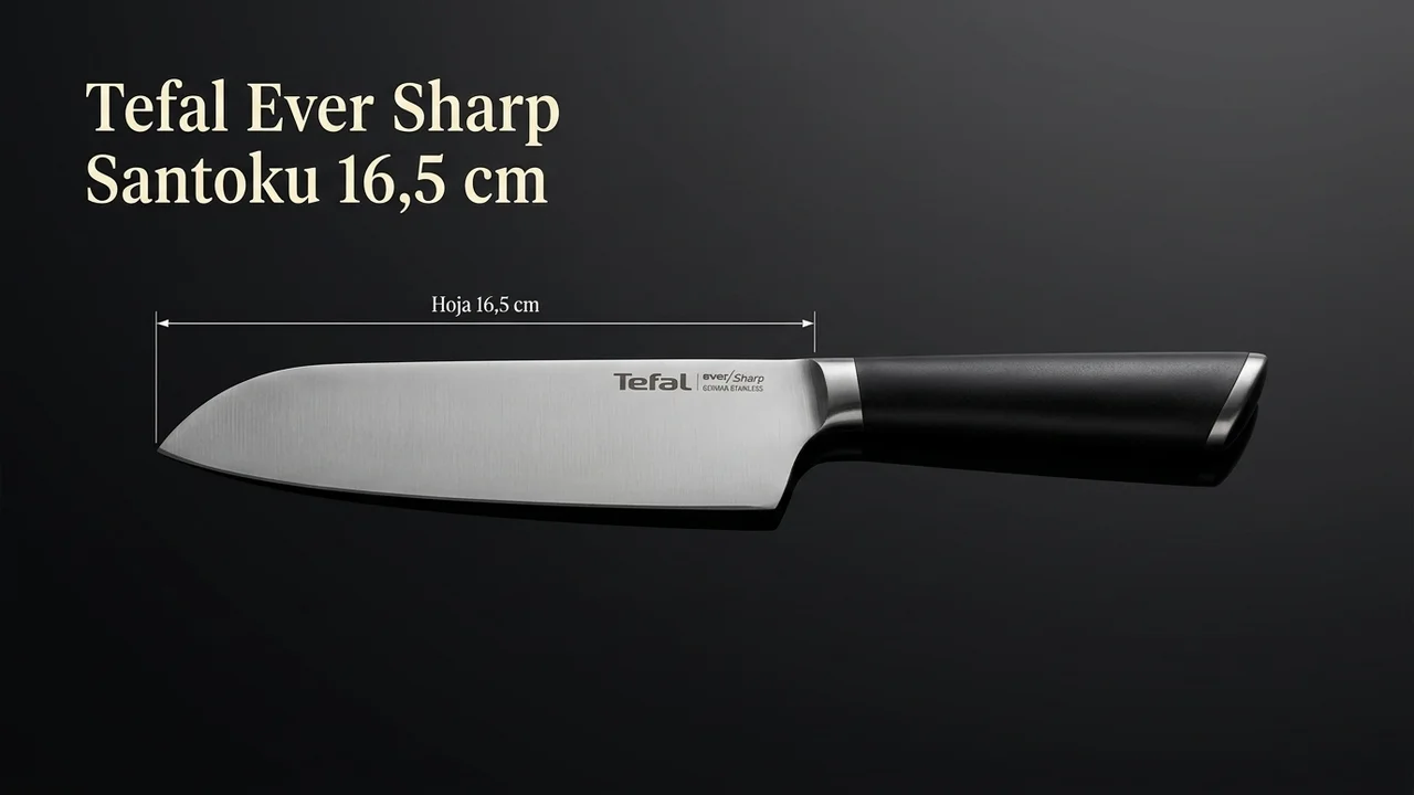 Santoku Tefal Ever Sharp acotado: hoja de acero inoxidable alemán de 16,5 cm y mango negro ergonómico