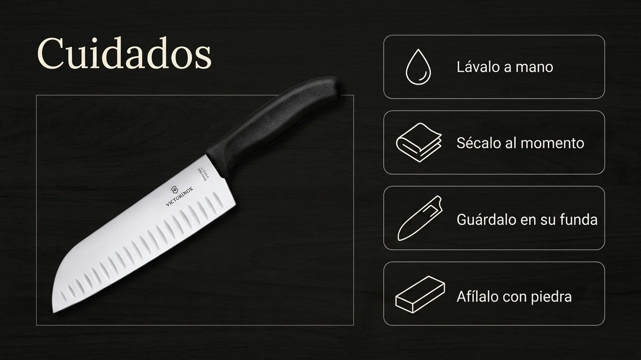 Cuidados del santoku Victorinox: lavarlo a mano, secarlo y guardarlo en su funda