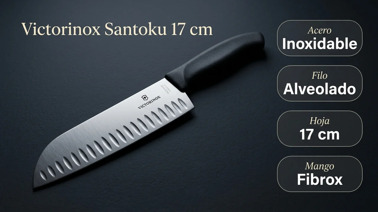 Ficha técnica del santoku Victorinox: acero inoxidable, filo alveolado y mango Fibrox