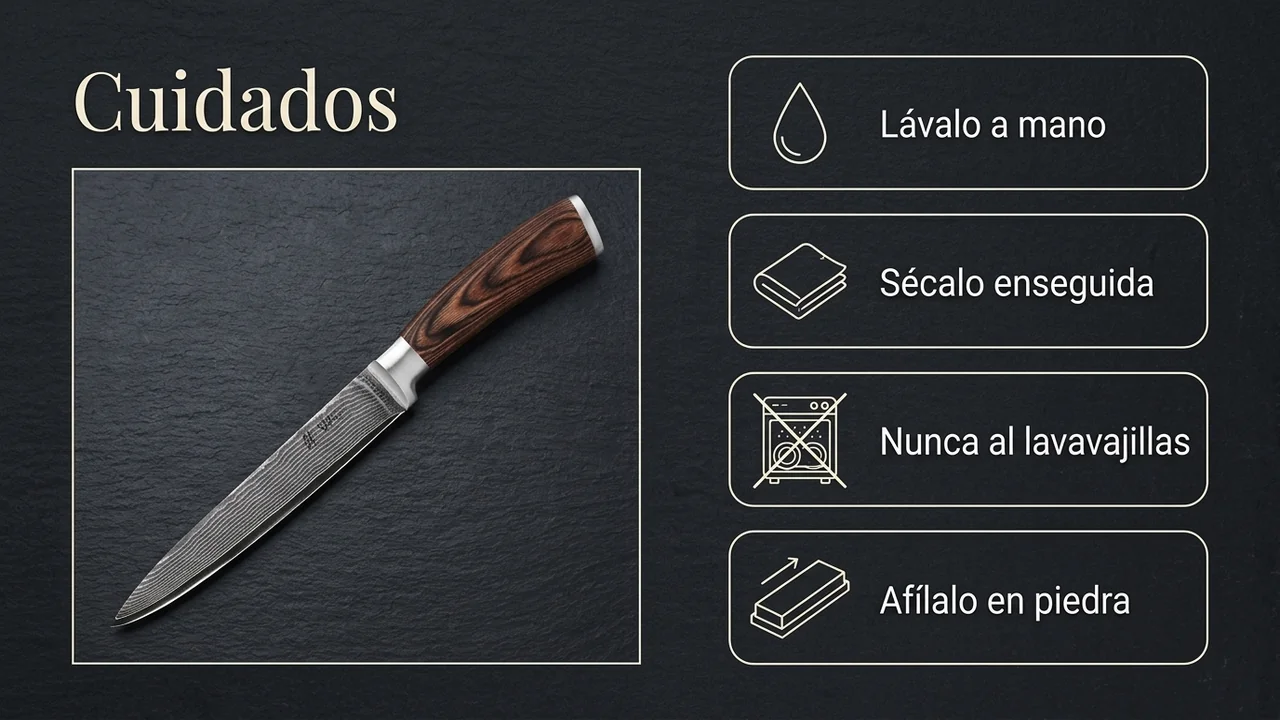 Cuidados del trinchante WAKOLI EDIB: lavado a mano, secado enseguida, nunca al lavavajillas y afilado en piedra