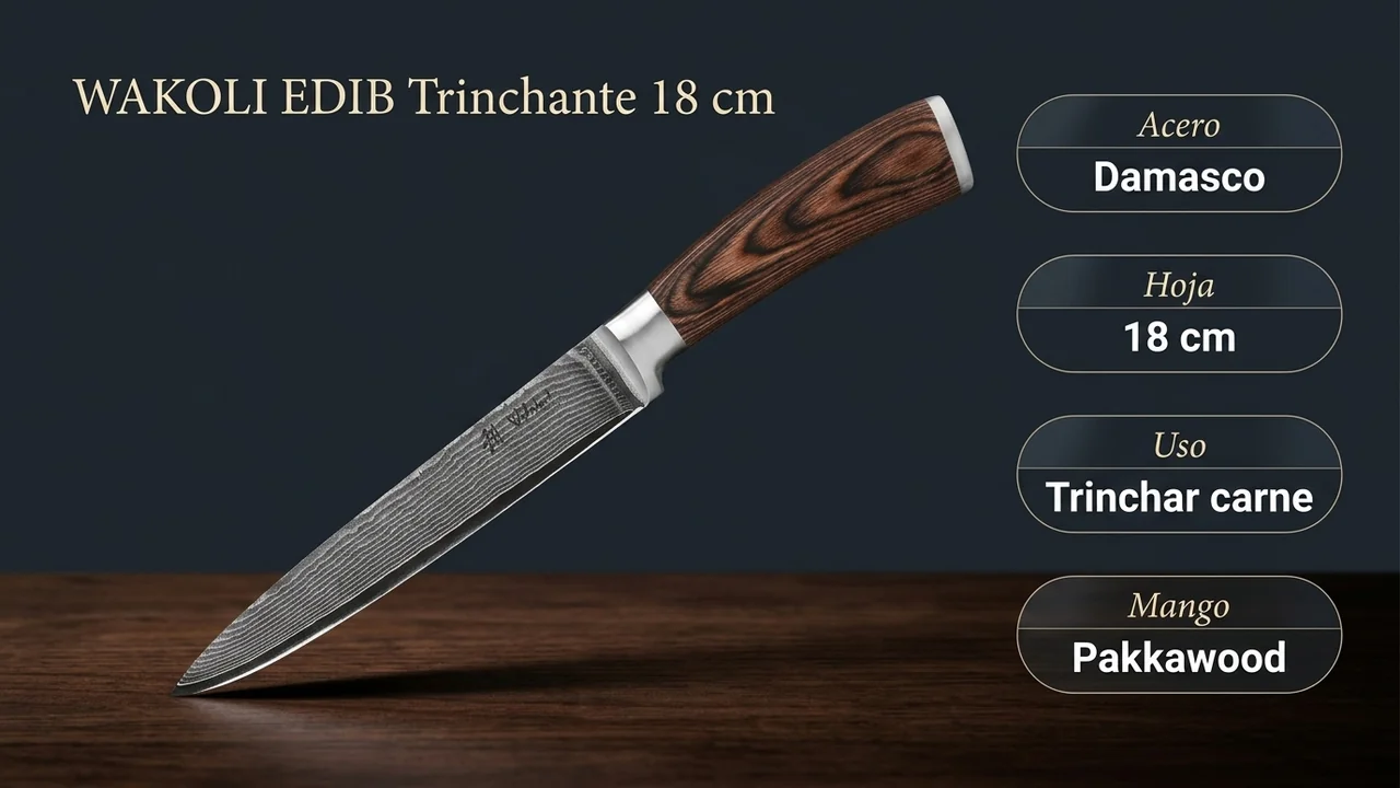 Ficha técnica del trinchante WAKOLI EDIB: acero damasco, hoja de 18 cm para trinchar carne y mango de pakkawood