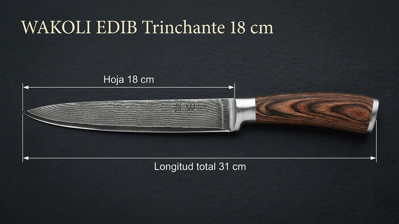 Cuchillo trinchante WAKOLI EDIB acotado con 18 cm de hoja y 31 cm de longitud total sobre pizarra oscura