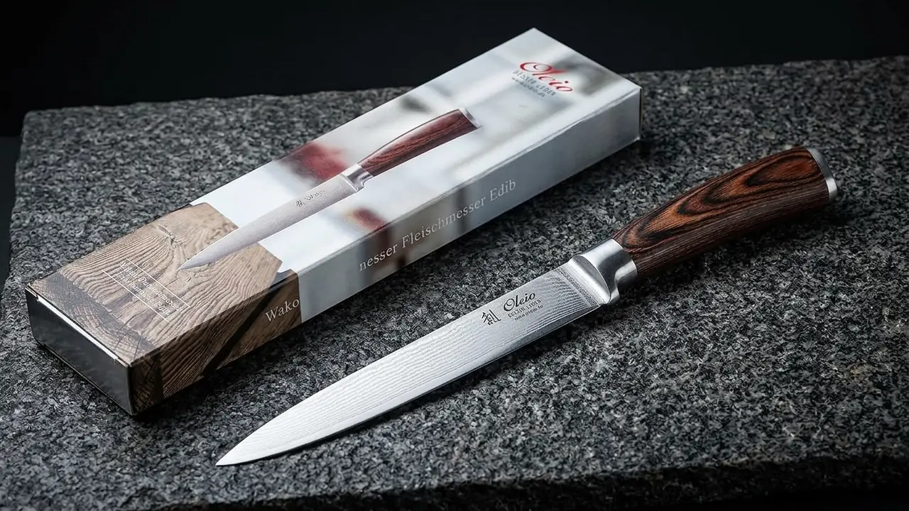 El trinchante WAKOLI EDIB junto a su caja plateada con el logo Oleio sobre piedra oscura