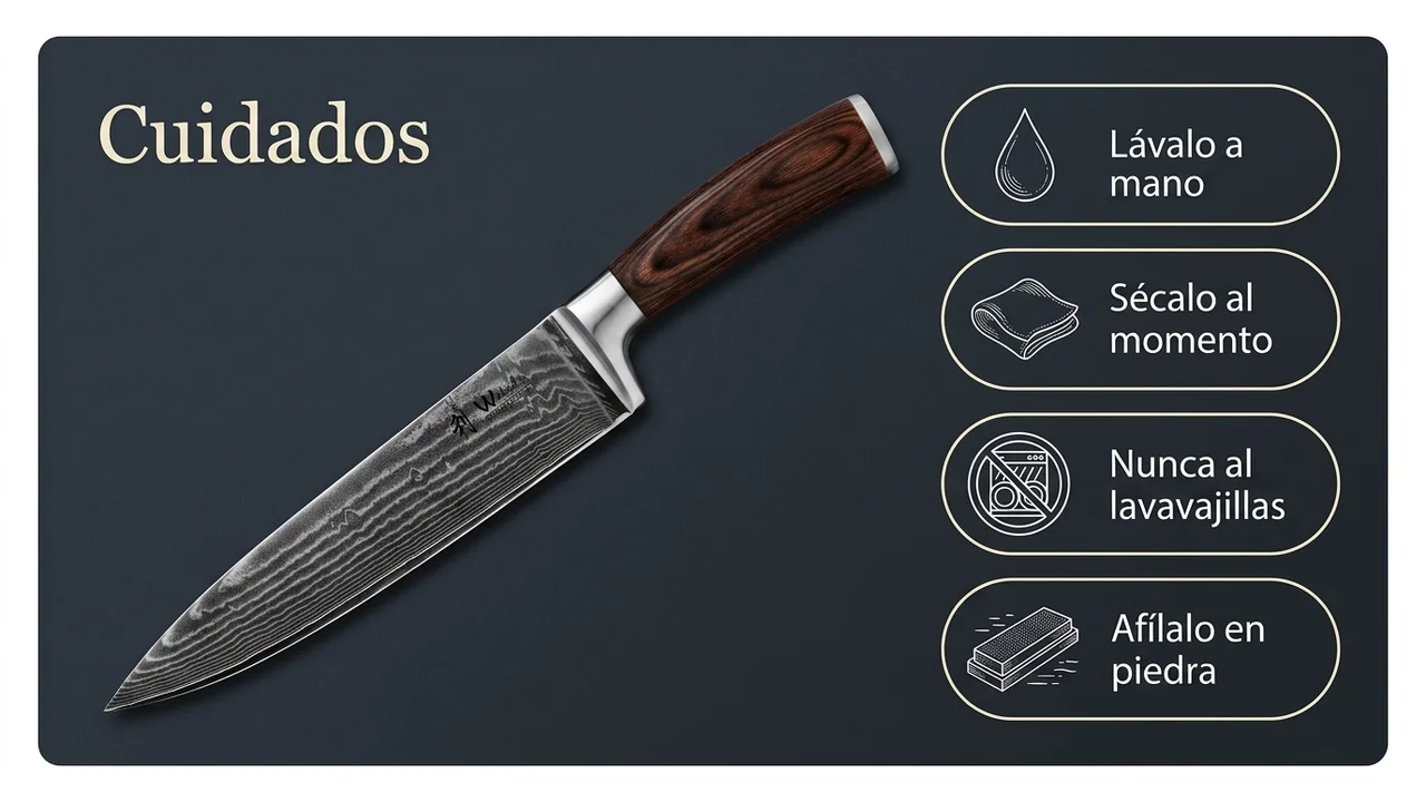 Cuidados del chef WAKOLI EDIB de damasco: lavar a mano, secar al momento, nunca al lavavajillas y afilar en piedra