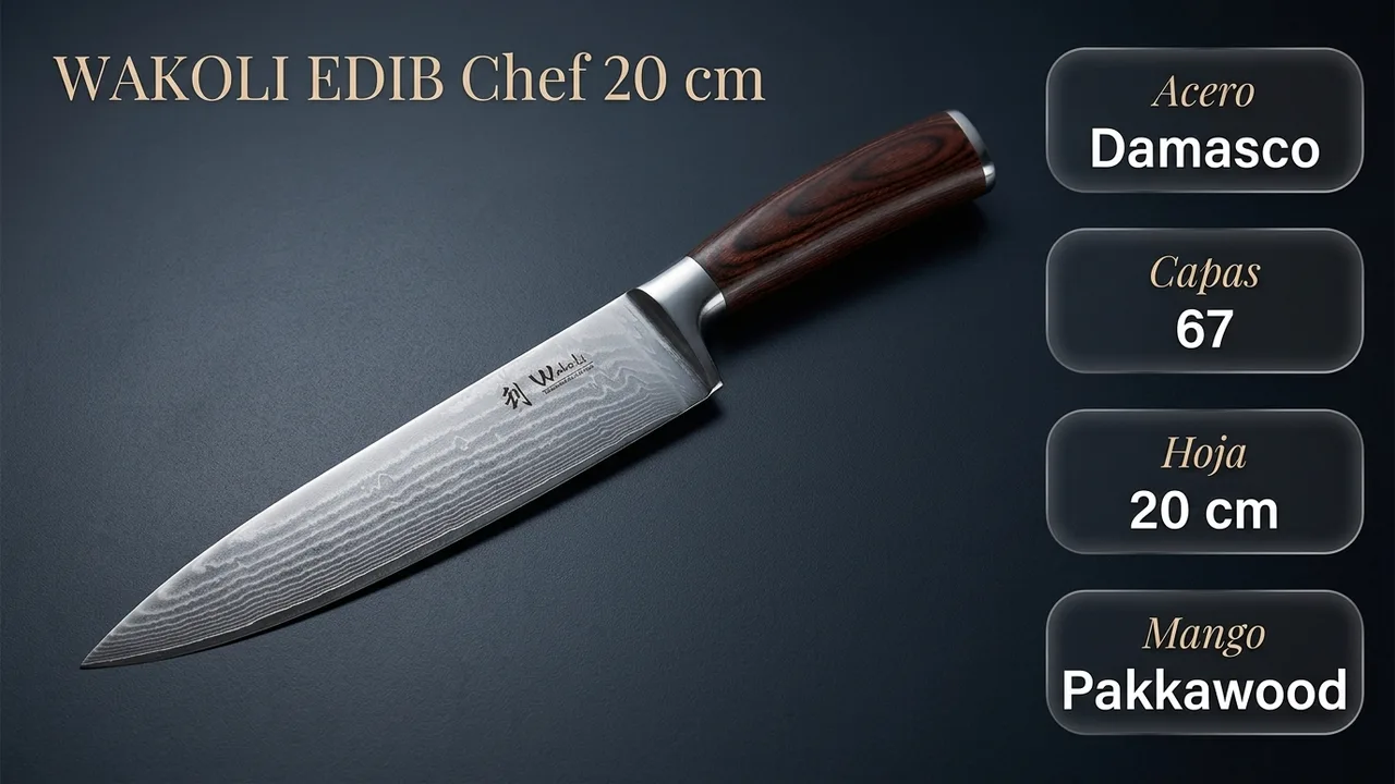 Datos del chef WAKOLI EDIB: acero damasco de 67 capas, hoja de 20 cm y mango de pakkawood