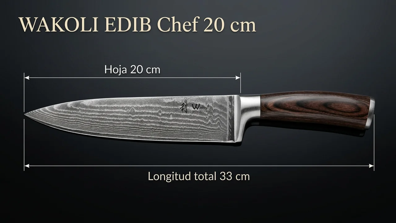 Cuchillo de chef WAKOLI EDIB de damasco acotado: hoja de 20 cm y 33 cm de longitud total