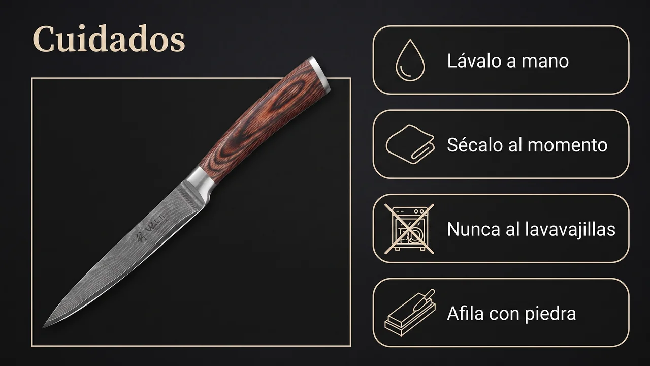 Cuidados del cuchillo WAKOLI EDIB: lavado a mano, secado inmediato, nunca al lavavajillas y afilado con piedra