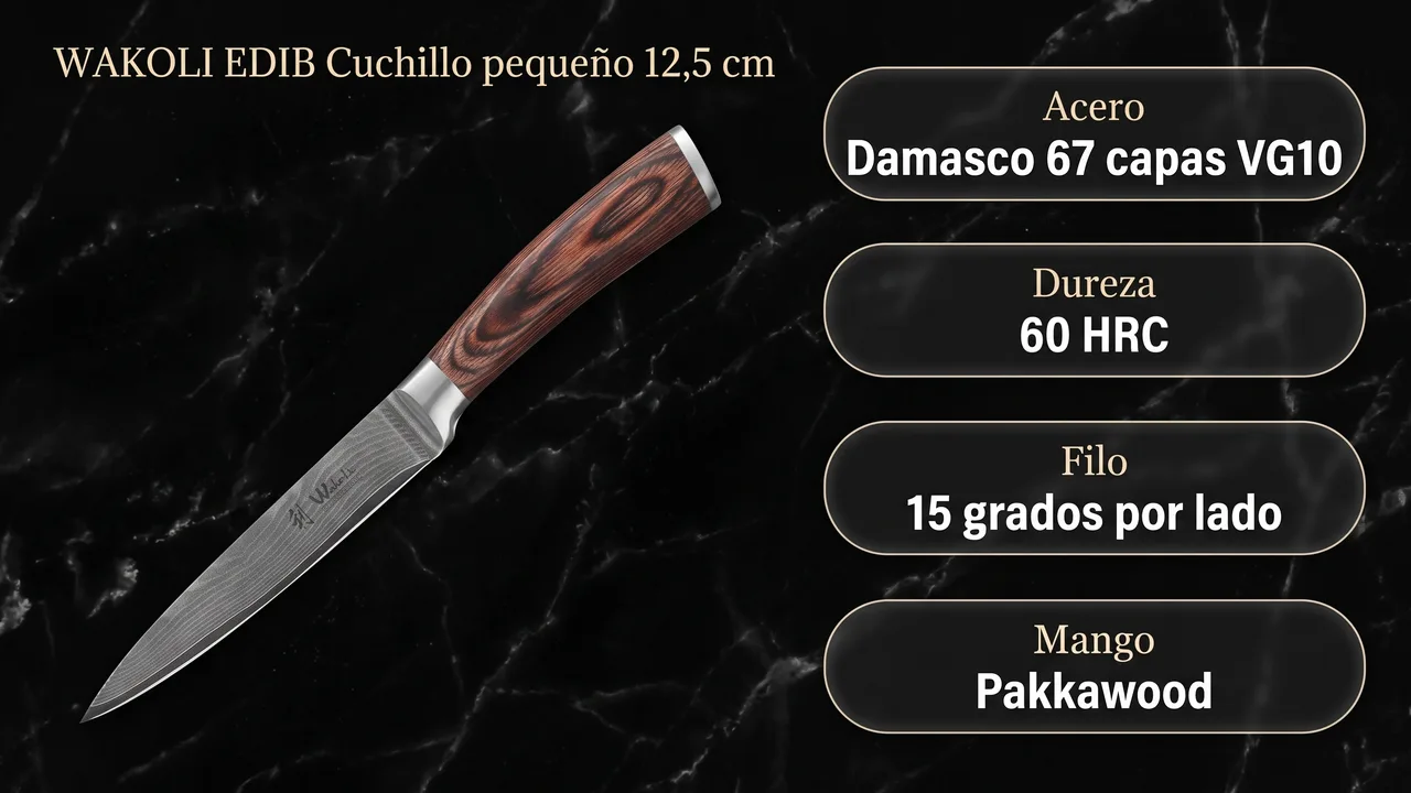 Ficha tecnica del WAKOLI EDIB: damasco de 67 capas con nucleo VG10, 60 HRC y mango de pakkawood