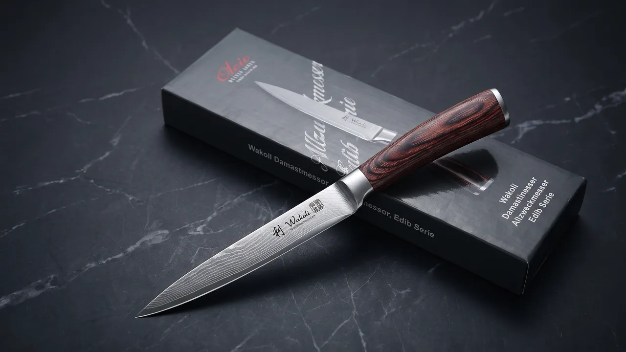 Cuchillo pequeno WAKOLI EDIB junto a su caja gris de la serie Edib