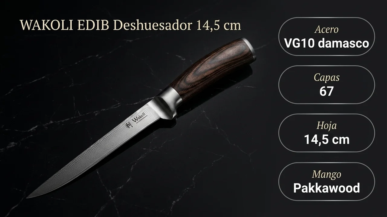 Ficha técnica del deshuesador WAKOLI EDIB: acero VG10 damasco de 67 capas, hoja de 14,5 cm y mango de pakkawood
