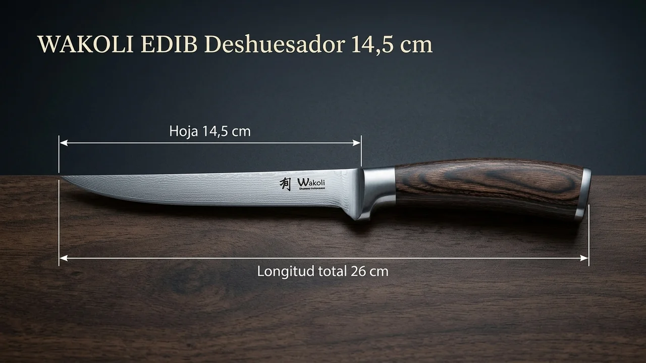 Cuchillo deshuesador WAKOLI EDIB sobre madera oscura, acotado con 14,5 cm de hoja y 26 cm de longitud total