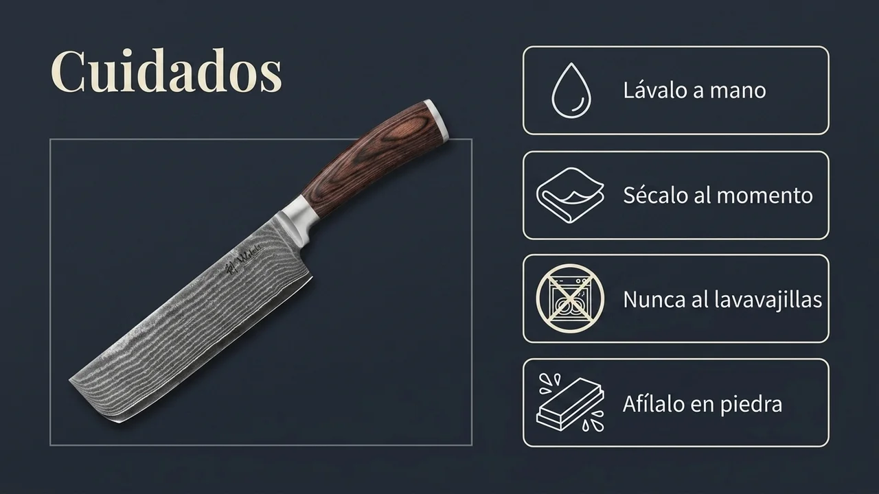 Cuidados del nakiri WAKOLI EDIB de damasco: lavar a mano, secar al momento, nunca al lavavajillas y afilar en piedra