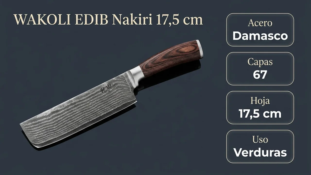 Datos del nakiri WAKOLI EDIB: acero damasco de 67 capas, hoja de 17,5 cm para verduras