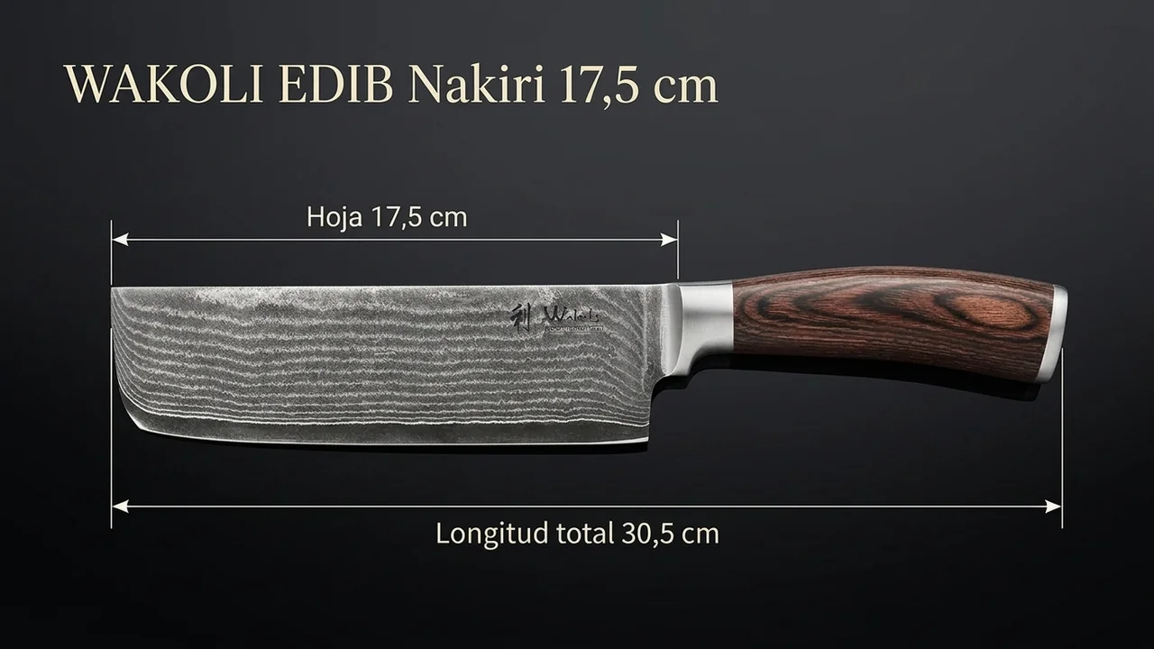 Nakiri WAKOLI EDIB acotado: hoja rectangular de damasco de 17,5 cm y 30,5 cm de longitud total
