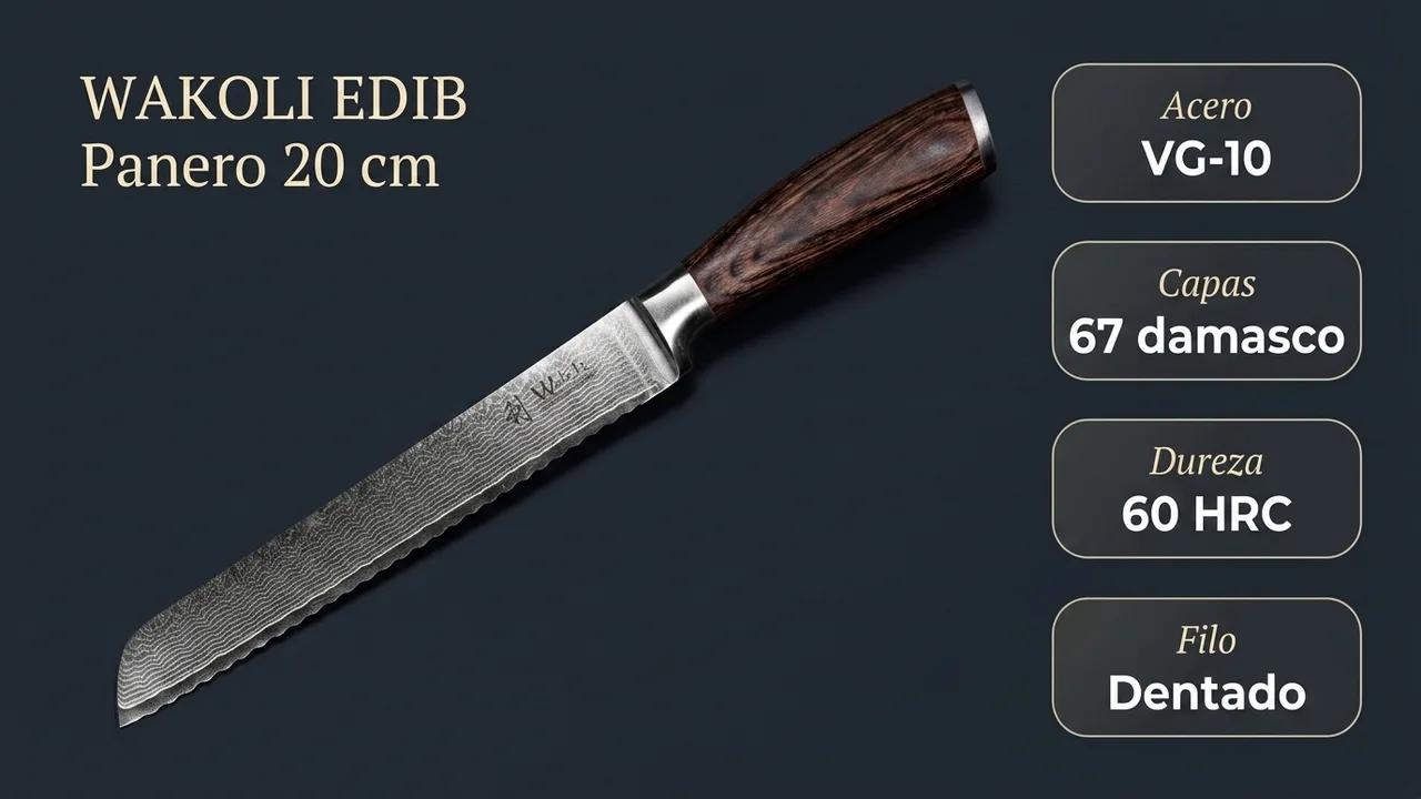 Datos del panero WAKOLI EDIB: núcleo VG-10, 67 capas de damasco, 60 HRC y filo dentado