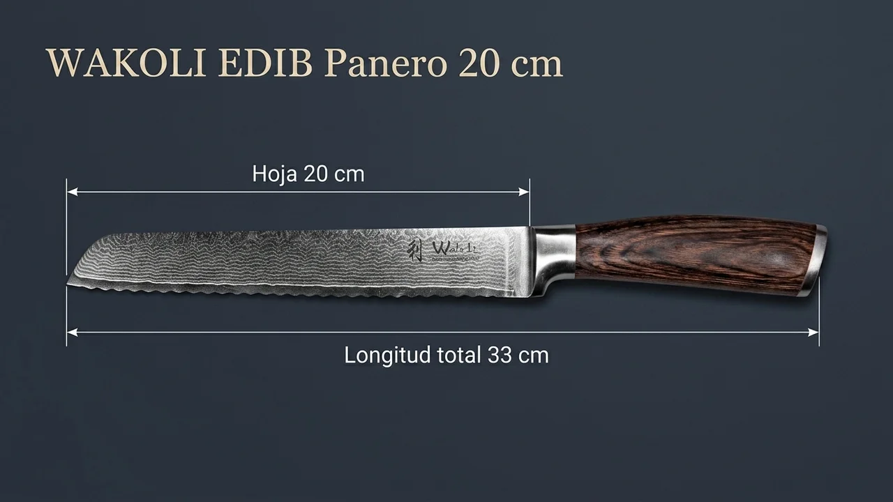 Cuchillo panero WAKOLI EDIB acotado: hoja dentada de damasco de 20 cm y 33 cm de longitud total