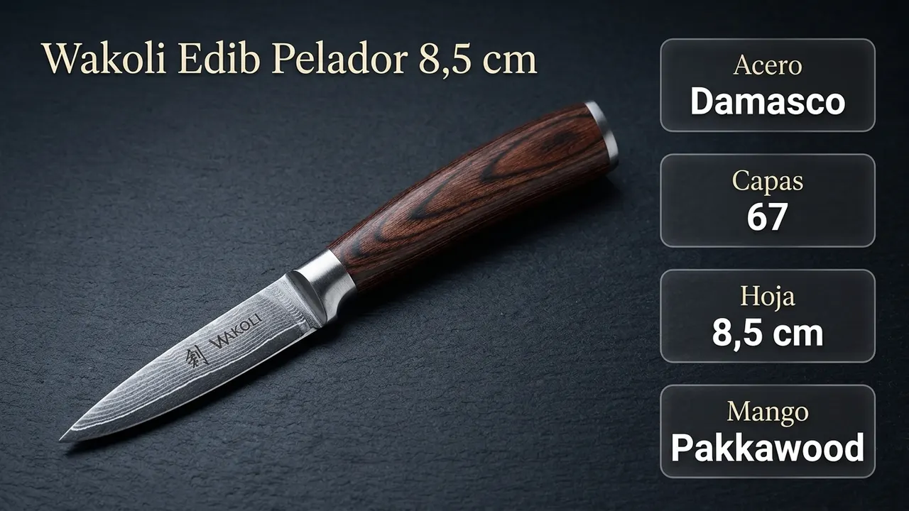 Datos del pelador WAKOLI EDIB: acero damasco de 67 capas, hoja de 8,5 cm y mango de pakkawood