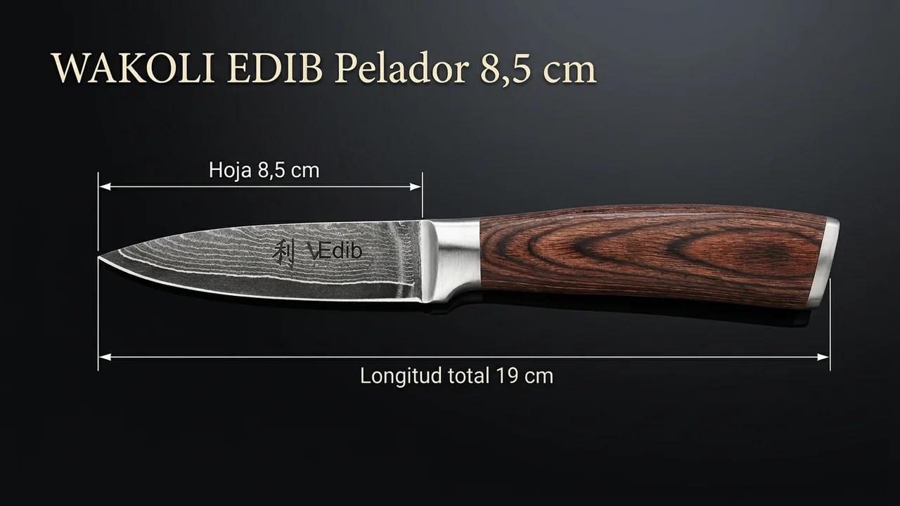 Cuchillo pelador WAKOLI EDIB acotado: hoja de damasco de 8,5 cm y 19 cm de longitud total