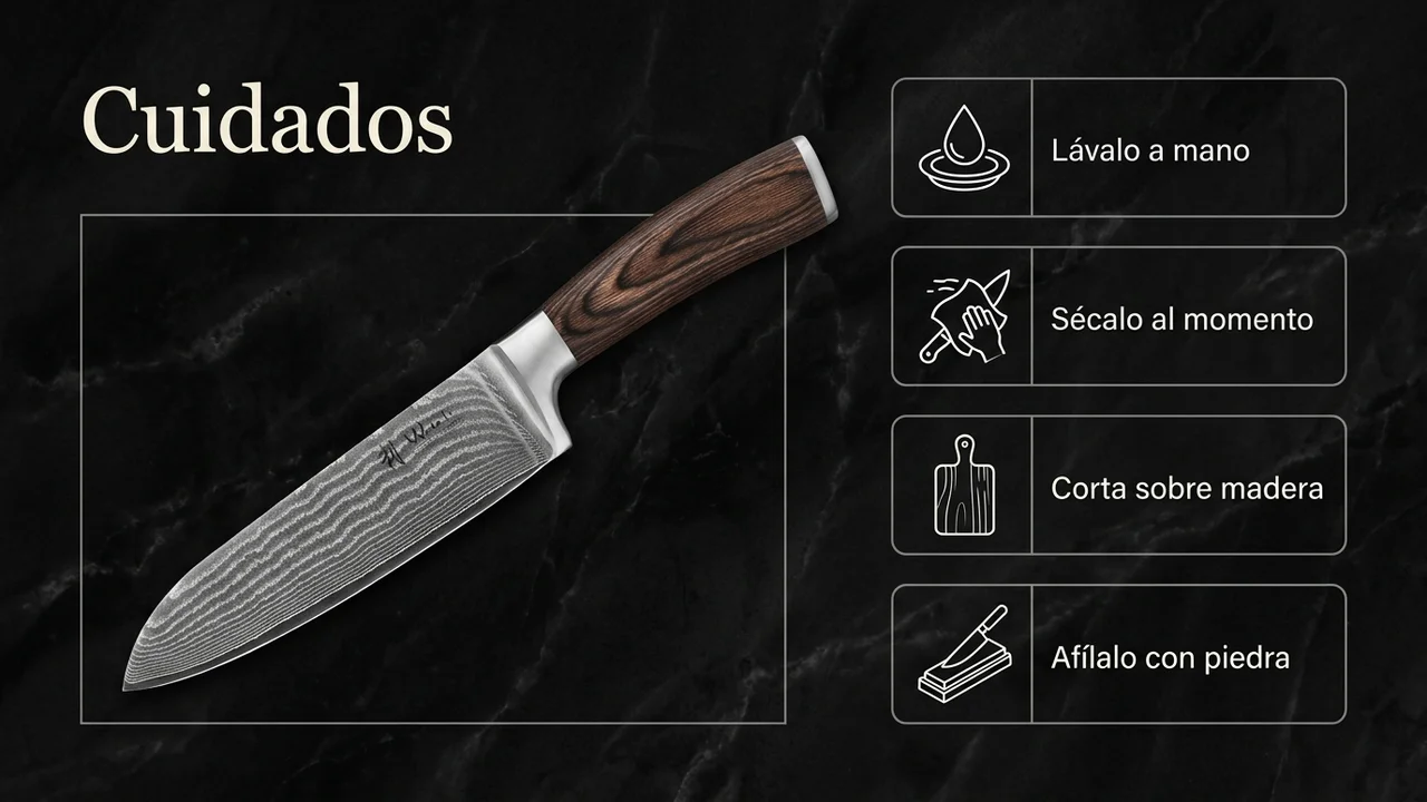 Cuidados del santoku WAKOLI EDIB: lavado a mano, secado inmediato y afilado con piedra