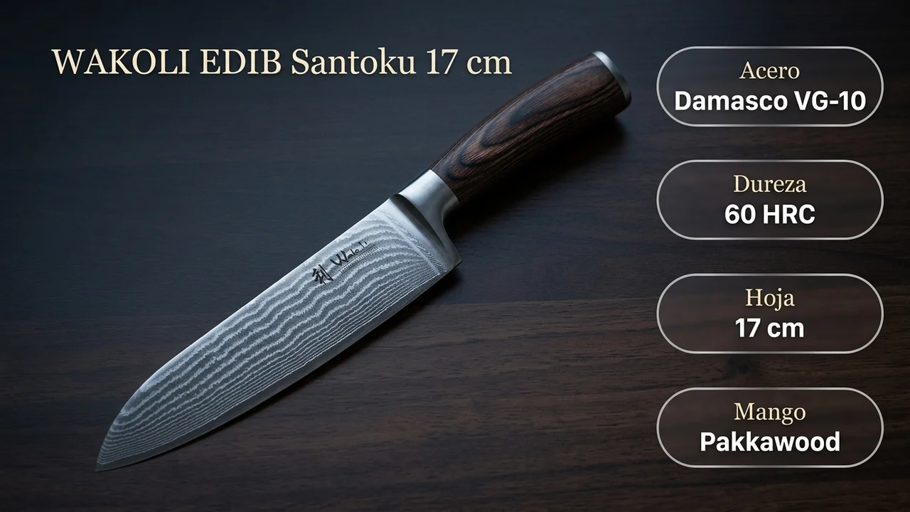 Ficha técnica del santoku WAKOLI EDIB: damasco VG-10 de 67 capas, 60 HRC y mango de pakkawood
