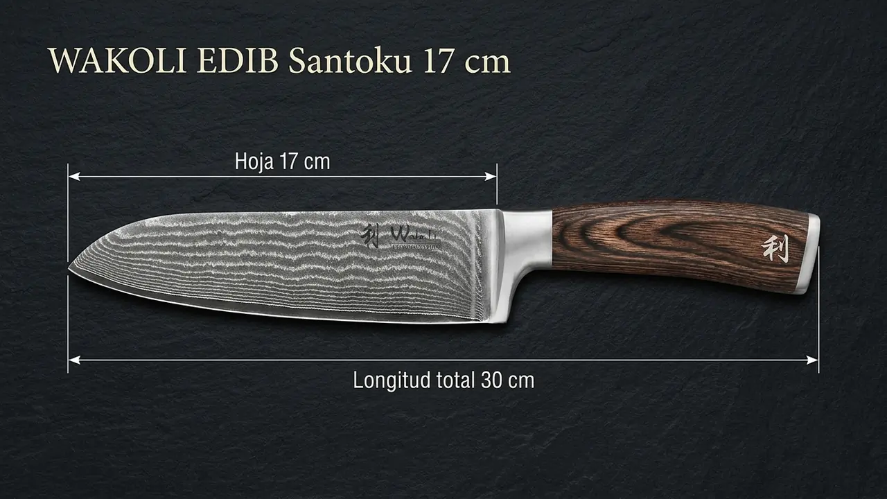Medidas del santoku WAKOLI EDIB damasco: 17 cm de hoja y 30 cm de longitud total