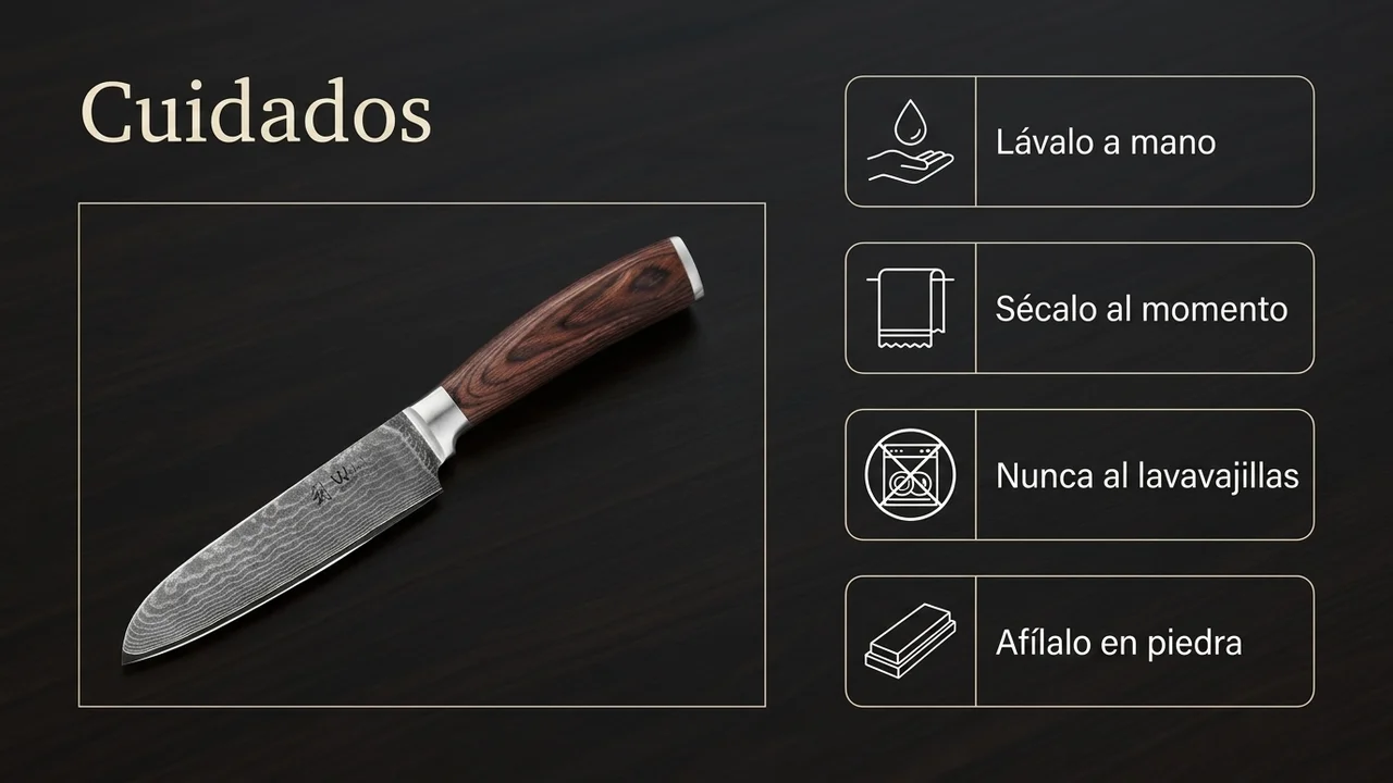 Cuidados del santoku pequeño WAKOLI EDIB: lavar a mano, secar al momento, nunca al lavavajillas y afilar en piedra