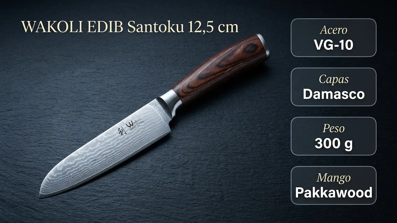 Datos del santoku pequeño WAKOLI EDIB: acero VG-10 damasco, 300 gramos y mango de pakkawood veteado