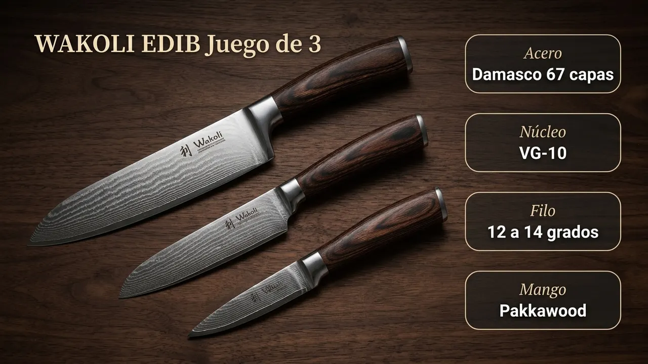 Datos del juego WAKOLI EDIB: damasco de 67 capas con núcleo VG-10, filo de 12 a 14 grados y mangos de pakkawood