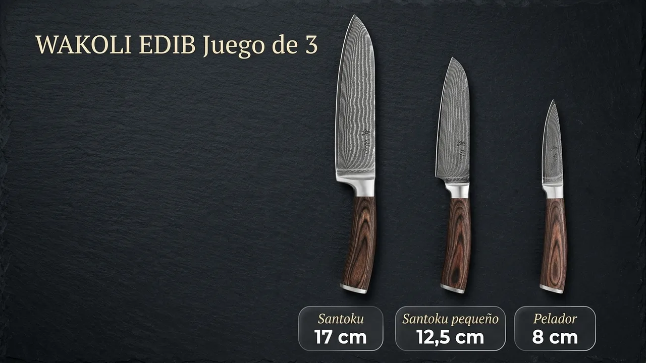 Las tres piezas del juego WAKOLI EDIB: santoku de 17 cm, santoku pequeño de 12,5 cm y pelador de 8 cm