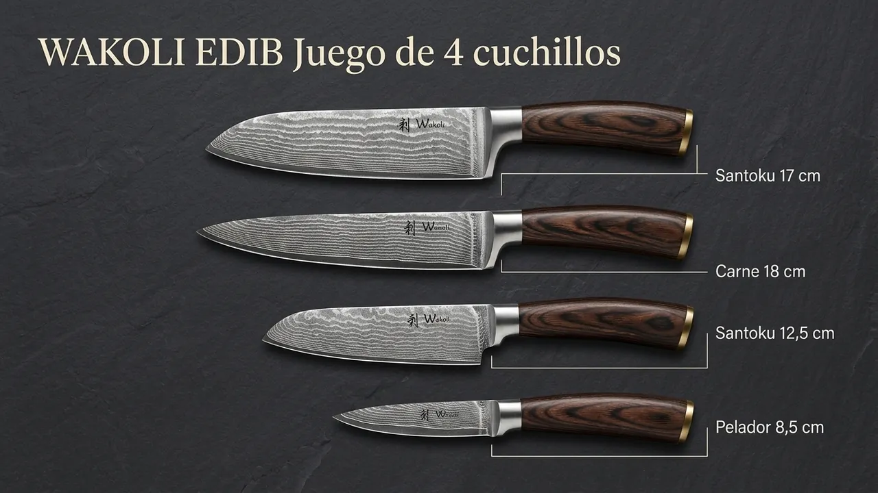 Las cuatro piezas del juego WAKOLI EDIB: santoku de 17 cm, carne de 18 cm, santoku de 12,5 cm y pelador de 8,5 cm