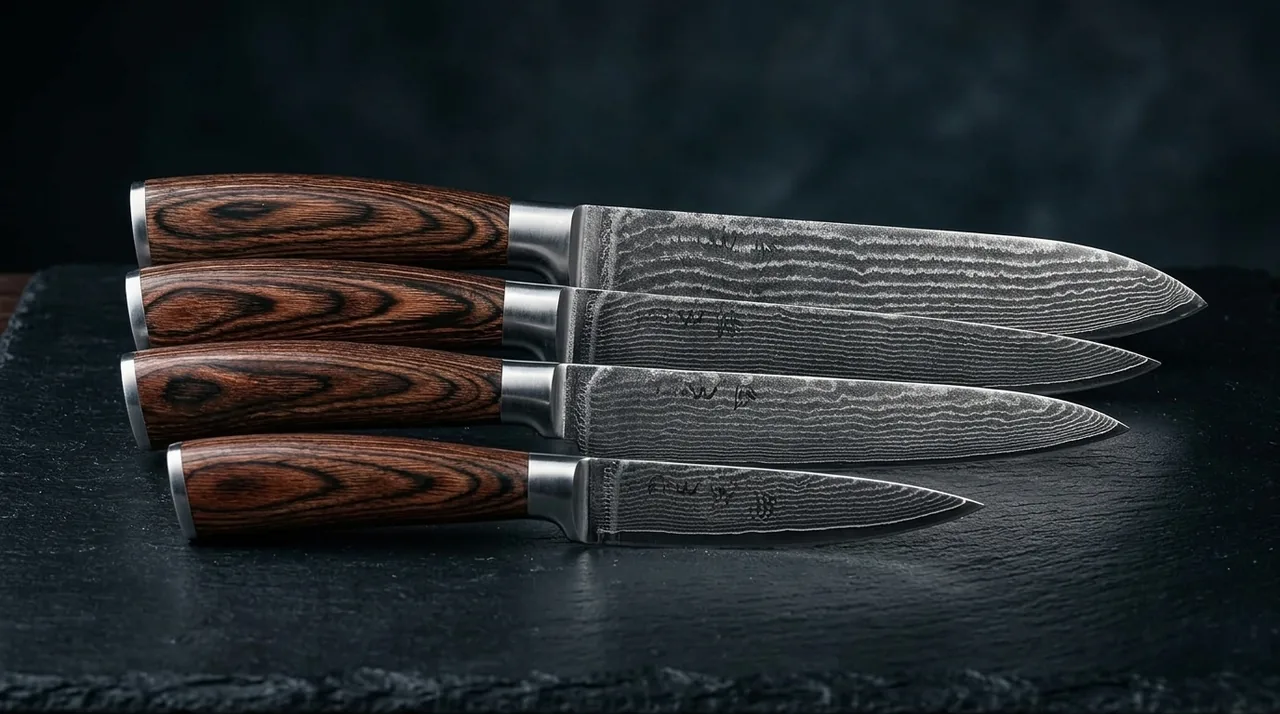 WAKOLI EDIB Juego 4 Cuchillos Damasco VG10 (Santoku 17 + Carne 18 + Santoku peq 12,5 + Pelador 8,5)